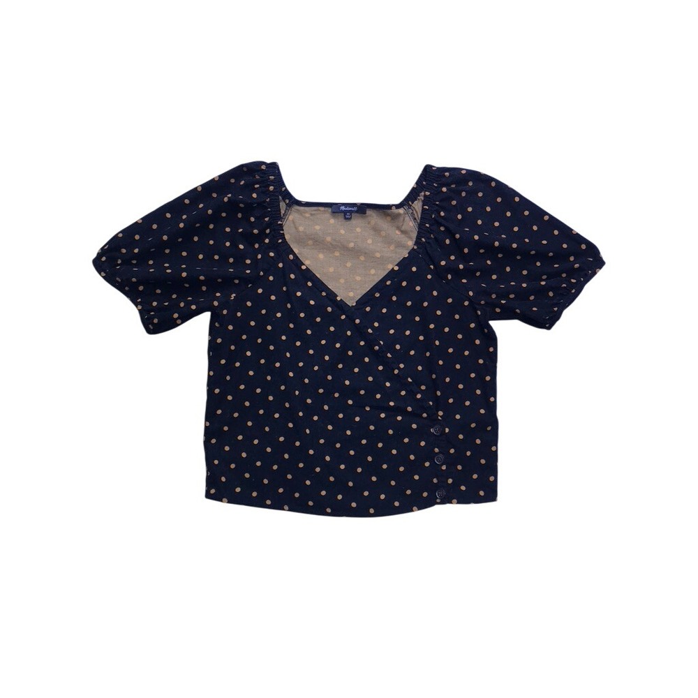 Madewell Wrap Top Womens XS Black Polka Dot Corduroy Puff Sleeve Faux-Wrap